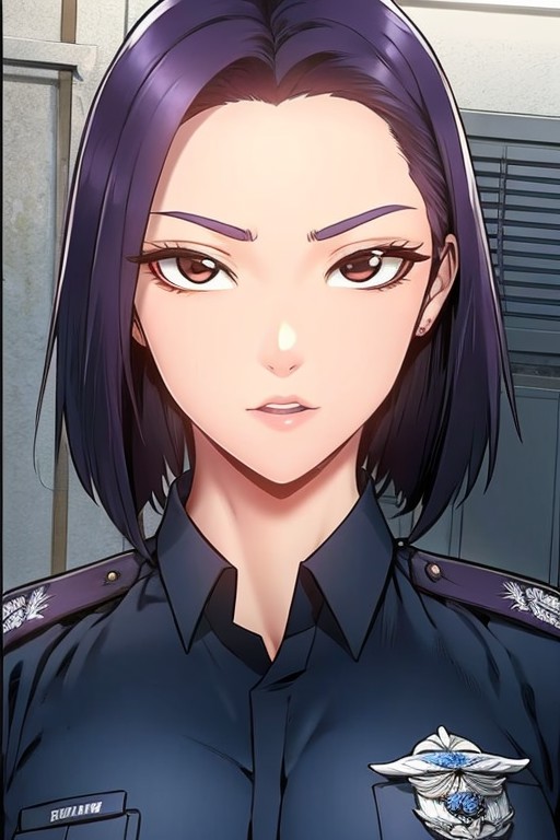 <lora:JYNQluojiaying-10:0.8>,Purple short hair,brownish red eyes,blue police uniform,belt,black suit pants,